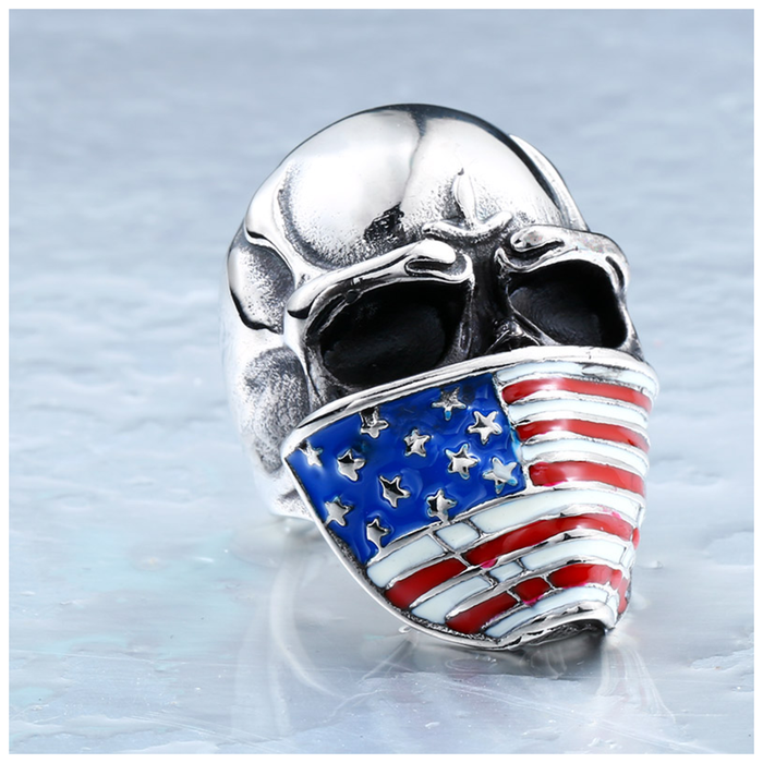 Stainless Steel Skull American Flag Biker Ring