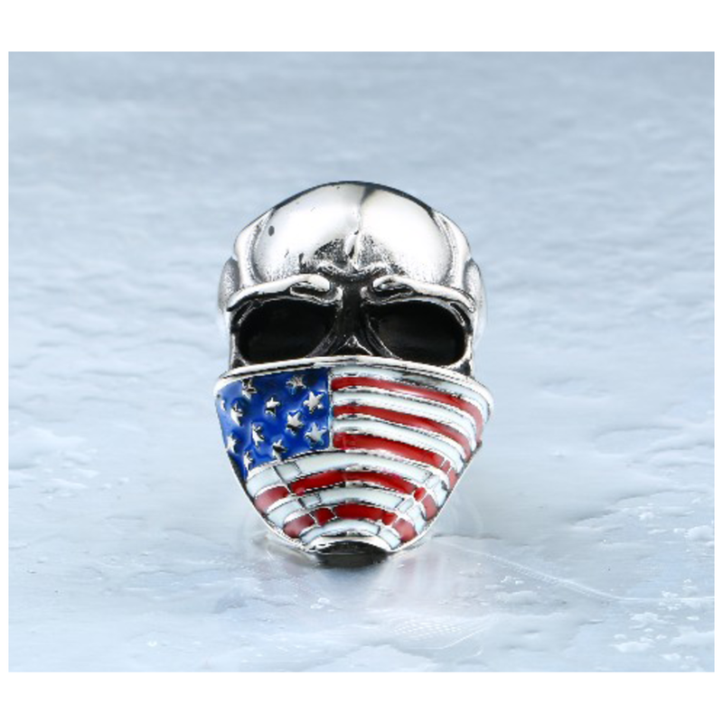 Classic Biker Gear Stainless Steel Skull American Flag Biker Ring